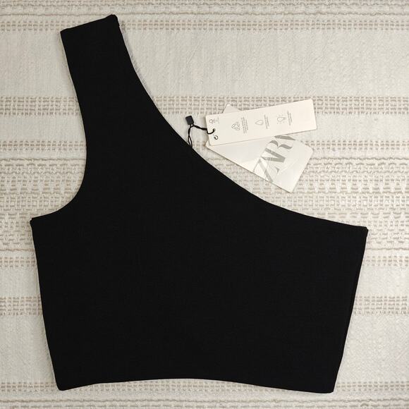 ZARA One Shoulder Black Crop Top Size M NWT - Picture 2 of 7